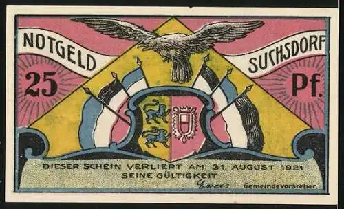 Notgeld Suchsdorf, 1921, 25 Pf, Motiv von Spaziergängern und Wappen mit Adler und Flaggen