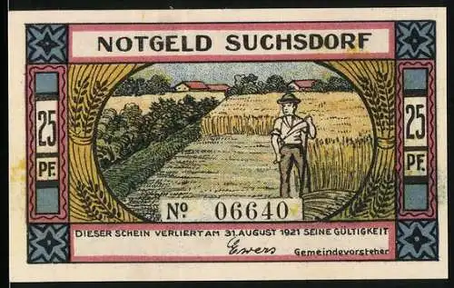 Notgeld Suchsdorf, 1921, 25 Pf, Bauer im Feld und patriotische Szene mit kämpfenden Männern