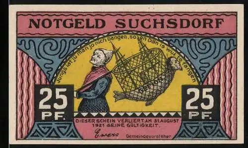 Notgeld Suchsdorf, 1921, 25 Pf., Fischer mit Netz und Gemeindehaus, Nr. 09307