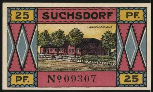 Notgeld Suchsdorf, 1921, 25 Pf., Fischer mit Netz und Gemeindehaus, Nr. 09307