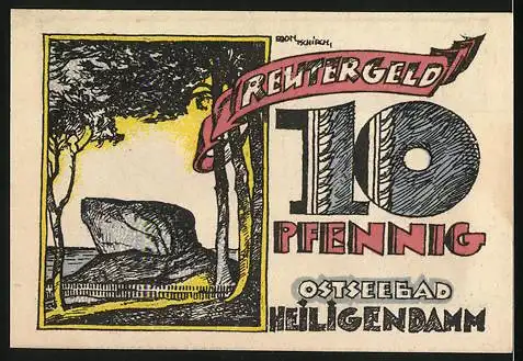 Notgeld Ostseebad Heiligendamm, 1921, 10 Pfennig, Felderbestellung bei Regen, Felsen