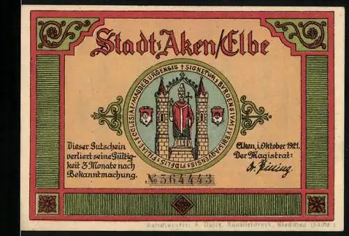 Notgeld Aken / Elbe 1921, 50 Pfennig, Stadtwappen und Biber im Wald