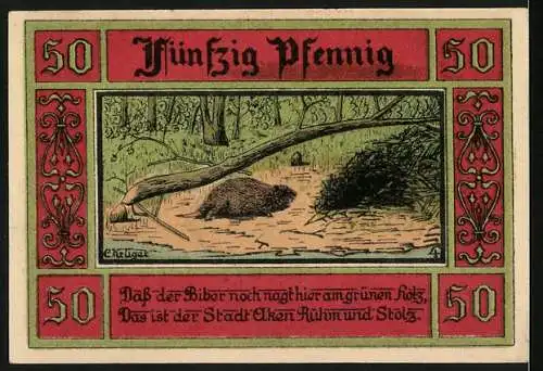 Notgeld Aken / Elbe 1921, 50 Pfennig, Stadtwappen und Biber im Wald