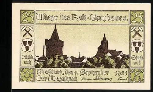 Notgeld Stassfurt 1921, 25 Pfennig, Wiege des Kali-Bergbaues, Stadtwappen und Bergmann Abbildung