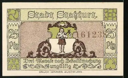 Notgeld Stassfurt 1921, 25 Pfennig, Wiege des Kali-Bergbaues, Stadtwappen und Bergmann Abbildung