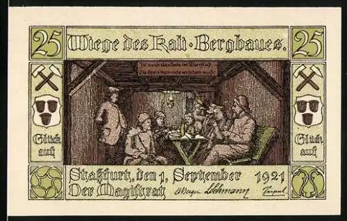 Notgeld Stassfurt 1921, 25 Pfennig, Wiege des Kalibergbaus, Bergleute im Stollen, Stadtwappen und Bergmannsfigur