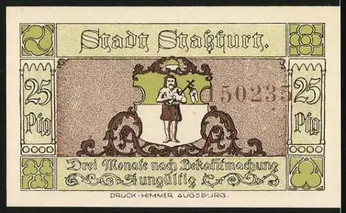 Notgeld Stassfurt 1921, 25 Pfennig, Wiege des Kalibergbaus, Bergleute im Stollen, Stadtwappen und Bergmannsfigur