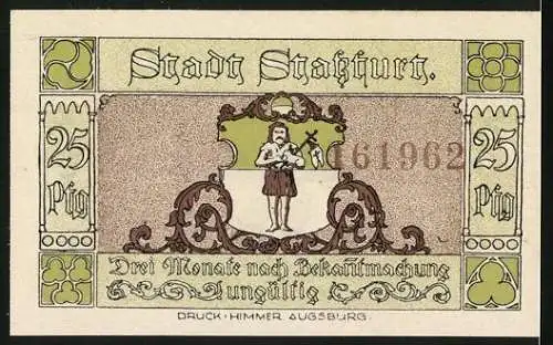 Notgeld Stassfurt, 1921, 25 Pfennig, Wiege des Kali-Bergbaues und Stadtwappen mit Bergmann