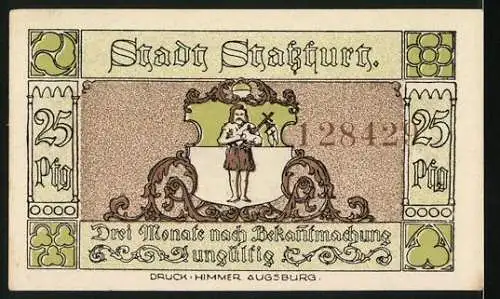 Notgeld Stassfurt 1921, 25 Pfennig, Wiege des Kali-Bergbaues, Stadtwappen und Bergmann-Motiv