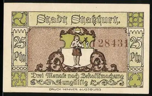 Notgeld Stassfurt, 1921, 25 Pfennig, Bergleute bei der Arbeit im Kali-Bergbau und Stadtwappen