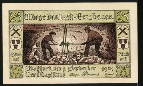 Notgeld Stassfurt, 1921, 25 Pfennig, Bergleute bei der Arbeit im Kali-Bergbau und Stadtwappen