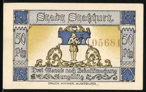 Notgeld Stassfurt, 1921, 50 Pfennig, Abbildung eines Mannes mit Instrument auf Vorderseite, historischer Krieger auf Rü