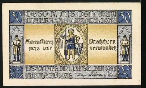 Notgeld Stassfurt, 1921, 50 Pfennig, Abbildung eines Mannes mit Instrument auf Vorderseite, historischer Krieger auf Rü