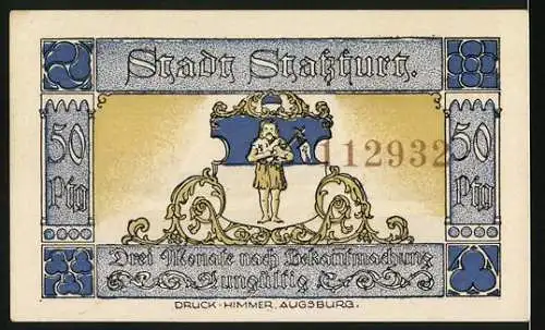 Notgeld Stassfurt 1921, 50 Pfennig, Stadtansicht mit Soldaten und Stadtwappen, gültig drei Monate nach Bekanntmachung