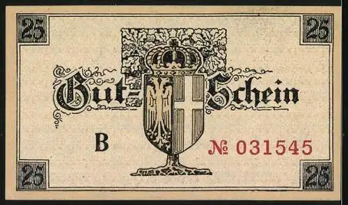 Notgeld Neuss, 1919, 25 Pfennig, Burgansicht und Stadtwappen