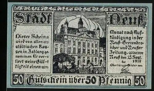 Notgeld Neuss, 1919, 50 Pfennig, Stadtwappen und Stadtansicht