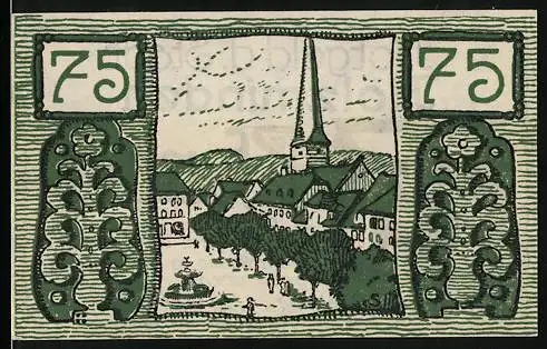 Notgeld Holzminden, 1922, 75 Pfennig, Stadtansicht mit Kirche und Text