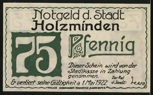 Notgeld Holzminden, 1922, 75 Pfennig, Stadtansicht mit Kirche und Text