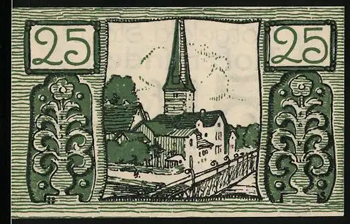 Notgeld Holzminden 1922, 25 Pfennig, Stadtansicht mit Kirche und Brücke