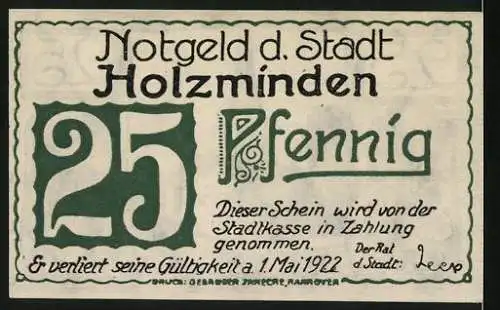 Notgeld Holzminden 1922, 25 Pfennig, Stadtansicht mit Kirche und Brücke