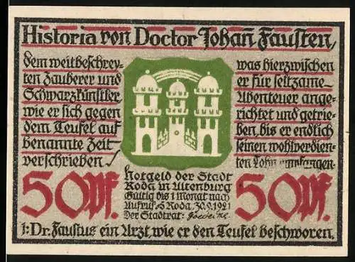 Notgeld Roda, 1921, 50 Mark, Historia von Doctor Johann Fausten, Illustration mit Drache und Magier