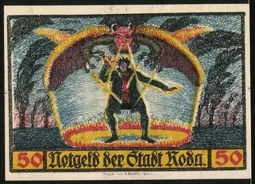 Notgeld Roda, 1921, 50 Mark, Historia von Doctor Johann Fausten, Illustration mit Drache und Magier