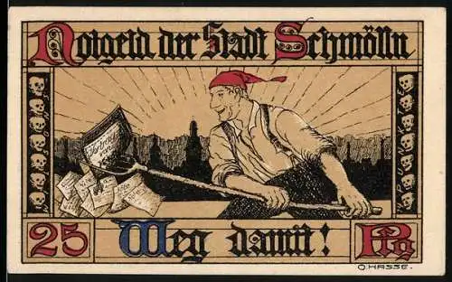 Notgeld Schmölln 1921, 25 Pfennig, Arbeiter mit Schaufel und Stadtansicht mit Mutter und Kind auf der Rückseite