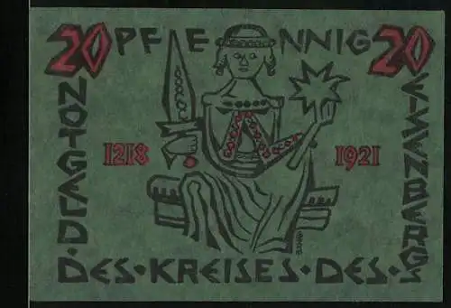 Notgeld Corbach 1921, 20 Pfennig, grün mit Abbildung einer sitzenden Figur und Turm in Corbach