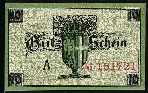 Notgeld Neuss 1919, 10 Pfennig, Gutschein mit Stadtwappen und Burgansicht