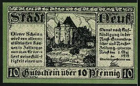 Notgeld Neuss 1919, 10 Pfennig, Gutschein mit Stadtwappen und Burgansicht