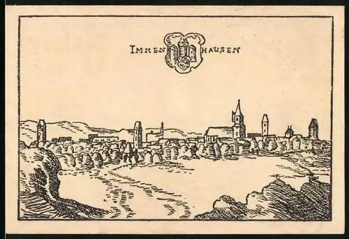 Notgeld Hofgeismar 1921, Eine Mark, Stadtansicht Immenhausen und Wappen mit Burgmotiv