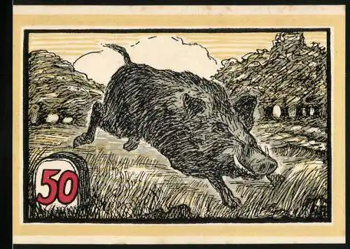 Notgeld Hofgeismar, 1920, 50 Pfennig, Wildschwein und Eichenlaub-Motiv