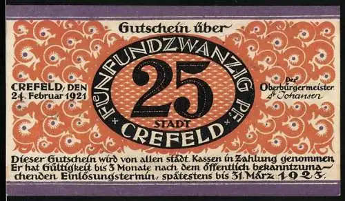 Notgeld Crefeld 1921, 25 Pfennig, Dekoratives Design mit Stadtansicht und Seriennummer