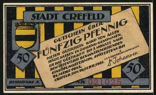 Notgeld Crefeld 1921, 50 Pfennig, Mann mit Bart und Mütze, gelb-schwarzer Hintergrund