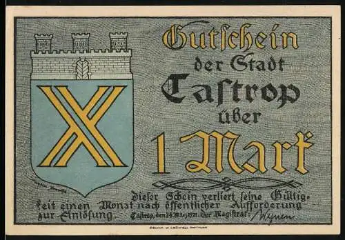 Notgeld Castrop, 1 Mark, Stadtgutschein und Nachtwächter-Motiv mit Hund, Vorder- und Rückseite