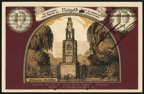 Notgeld Altrahlstedt, 1922, 10 Mark, Tiefeinsamkeit und Liliencrons Grabstätte