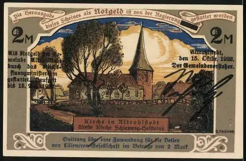 Notgeld Altrahlstedt, 1922, 2 Mark, Vorderseite zwei Männer im Boot, Rückseite Kirche in Altrahlstedt