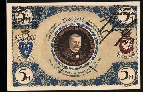 Notgeld Altrahlstedt, 1921, 5 Mark, Detlev von Liliencron-Gesellschaft, Bildnis von Detlev von Liliencron und Gedicht