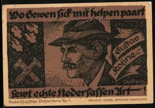 Notgeld Hannover 1922, 20 Mark, Dichterserie Nr. 1 Gustav Kohne, Druck Gebr. Jänecke Hannover