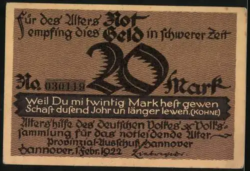 Notgeld Hannover 1922, 20 Mark, Dichterserie Nr. 1 Gustav Kohne, Druck Gebr. Jänecke Hannover