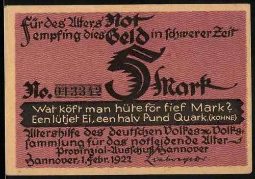 Notgeld Hannover 1922, 5 Mark, Altersfürsorge und Brechtmann Abbildung