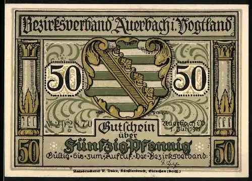 Notgeld Auerbach i.V., 1921, 50 Pfennig, Bezirksverband Auerbach i.V. mit Wappen und Verzierungen