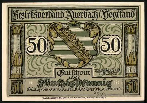 Notgeld Auerbach i.V., 1921, 50 Pfennig, Bezirksverband Auerbach i.V. mit Wappen und Verzierungen