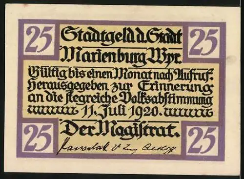 Notgeld Marienburg, 1920, 25 Pf, Stadtgeld mit Volksabstimmung und Menschenmenge