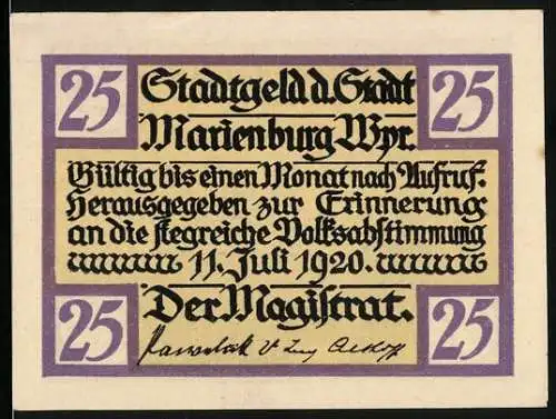 Notgeld Marienburg Wpr. 1920, 25 Pfennig, Stadtgeld zur Erinnerung an Volksabstimmung am 11. Juli 1920