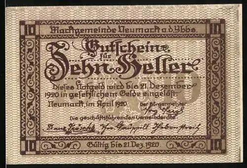 Notgeld Neumarkt a.d. Ybbs, 1920, 10 Heller, Gutschein mit Stadtansicht und dekorativem Rahmen