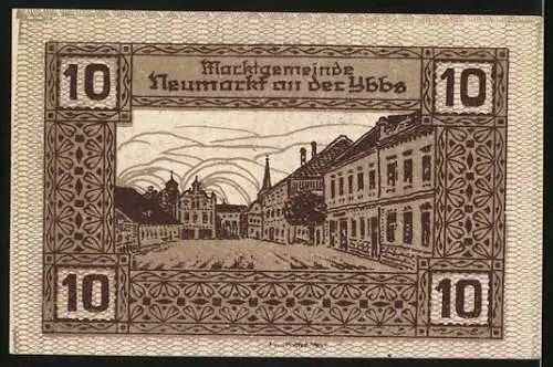 Notgeld Neumarkt a.d. Ybbs, 1920, 10 Heller, Gutschein mit Stadtansicht und dekorativem Rahmen