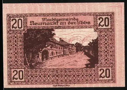 Notgeld Neumarkt an der Ybbs, 1920, 20 Heller, Gutschein mit architektonischem Motiv und dekorativem Rahmen