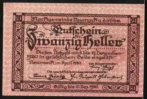 Notgeld Neumarkt an der Ybbs, 1920, 20 Heller, Gutschein mit architektonischem Motiv und dekorativem Rahmen