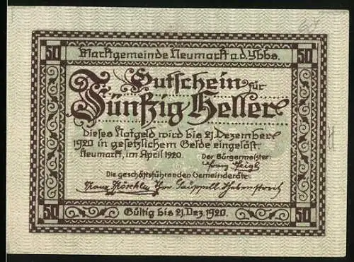 Notgeld Neumarkt an der Ybbs, 1920, 50 Heller, Markgemeinde, Gültig bis 31 Dez 1920